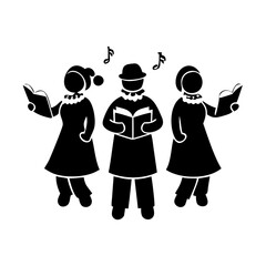 Christmas carolers singing festive songs icon-Black and white silhouette illustration of three people singing from songbooks with musical notes, representing holiday caroling and tradition.