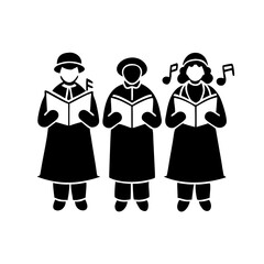 Christmas carol singers silhouette icon-Black and white illustration of three people singing carols with music notes and songbooks, symbolizing holiday tradition and festivity.