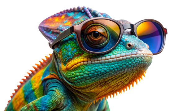Colorful chameleon lizard wearing stylish sunglasses, featuring vibrant, creative hues and textured scales, fully isolated on a transparent PNG background