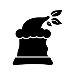 Black and white Christmas pudding icon-Silhouette illustration of a traditional Christmas pudding with holly leaves on top, ideal for festive and holiday food themes.