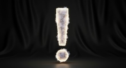 Mysterious exclamation mark with radiant vapor on a draped black background