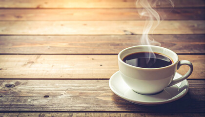 Obraz premium the scene features a cup of dark liquid on a matching saucer. the cup sits on a surface made of horizontal planks. vapor rises gently from the cup