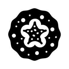 Star-shaped cookie with decorative icing icon-Black and white illustration of a round cookie featuring a central star and dotted icing, symbolizing festive treats and holiday baking.