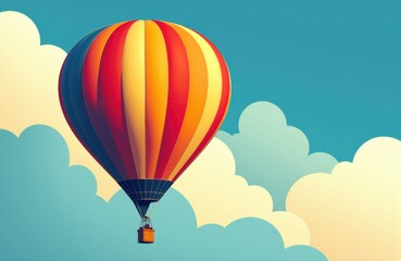 Naklejka premium Colorful hot air balloon floating in bright sky with fluffy clouds creating a cheerful atmosphere