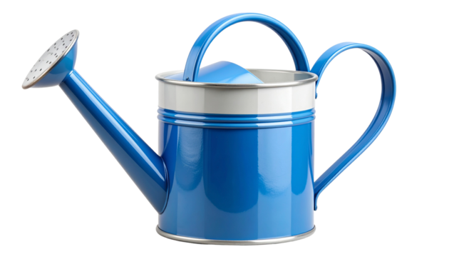 Blue and white metal watering can with a curved handle and long spout, featuring a vintage enamel-style finish, fully isolated on a transparent PNG background