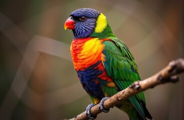 Fototapeta premium Colorful rainbow lorikeet perched on a branch with vibrant feathers and detailed plumage