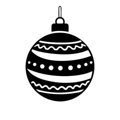 Christmas ornament ball with striped pattern-Black and white illustration of a festive holiday ornament featuring wavy and dotted stripes, symbolizing Christmas tree decorations.