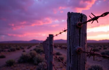 A rustic wooden fence post with barbed wire stretches across a desert landscape at sunset