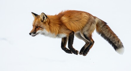Obraz premium Fox in Motion: A Red Fox Leaping Through a Pristine White Snowscape Setting