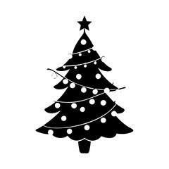 Christmas tree icon with star, baubles, and garlands-Black and white silhouette of a decorated Christmas tree featuring a star on top, round baubles, and garlands, representing festive holiday celebr