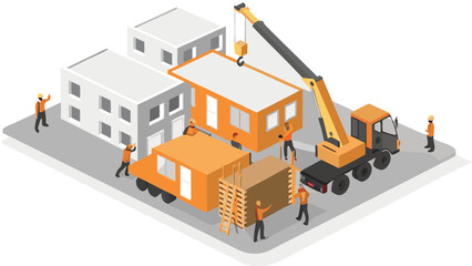 Isometric view of construction site with crane lifting modular home sections and workers around it