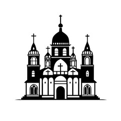 Orthodox church building icon with domes and crosses-Black and white illustration of an Orthodox-style church featuring multiple domes, crosses, arched windows, and ornate architectural details, symb