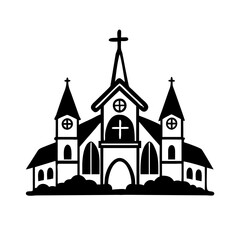 Church building icon with three steeples and cross-Black and white illustration of a church with three steeples, arched windows, central cross, and surrounding bushes, representing religion, worship,