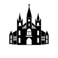 Obraz premium Silhouette of church building with steeples-Black silhouette illustration of a large church with multiple steeples and arched windows, symbolizing religion, worship, and historic architecture.