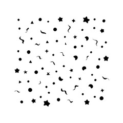 Scattered confetti pattern with stars and ribbons-Black silhouette pattern of scattered confetti, stars, and ribbons, symbolizing festive celebration, joy, and party decorations.