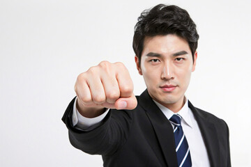 Young male businessman with fist raised