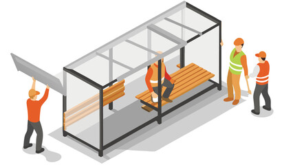 Construction workers assembling a bus stop with glass roof and wooden benches in isometric view