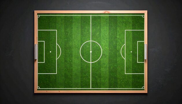 Overhead view of a soccer field diagram on a chalkboard for planning and strategy