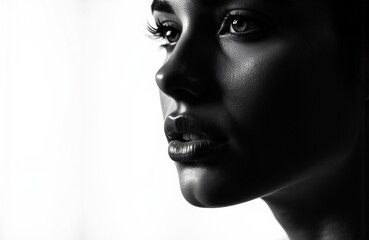 Close-up of a woman's face in black and white with dramatic lighting and high contrast