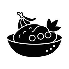 Fruit bowl with banana and berries icon-Black silhouette illustration of a bowl containing banana, berries, and other fruits, symbolizing healthy eating, freshness, and nutritious lifestyle.