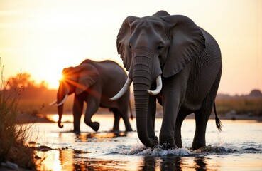 Fototapeta premium Elephants walking through water at sunset in a natural landscape