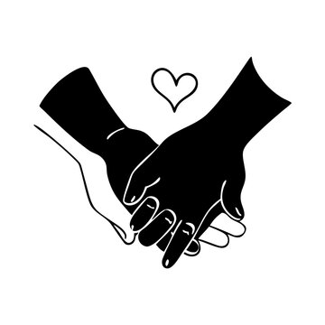Holding hands with heart symbol silhouette-Black silhouette illustration of two hands holding each other with a small heart above, representing love, care, and emotional connection.