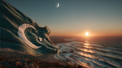 Majestic green and white flag flowing gracefully against a golden sunset sky, with delicate crescent moon and star gleaming in soft light, cinematic composition
