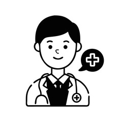 Friendly doctor icon with stethoscope and speech bubble-Black and white illustration of a smiling male doctor with stethoscope and medical cross speech bubble, ideal for health services or apps.