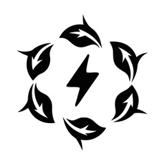 Eco Energy Symbol with Leaves and Lightning-Black silhouette featuring six leaves arranged in a circle around a lightning bolt, representing renewable energy and sustainability.