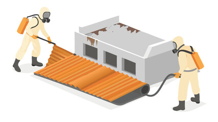 Two workers in hazmat suits removing asbestos from a building with orange corrugated material and equipment