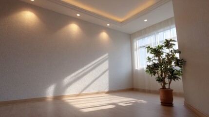 Sunlit empty room with indoor plant and textured wall