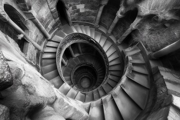Endless spiral staircase viewed from above, showcasing a mesmerizing architectural design in a historic building