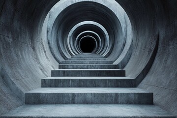 Steps lead into an endless circular tunnel creating a mysterious atmosphere with a sense of depth and intrigue