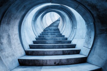 Steps lead into an endless circular tunnel creating a mysterious atmosphere with a sense of depth and intrigue