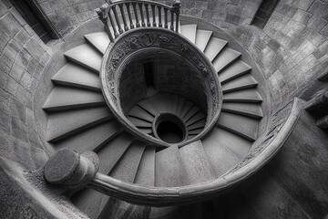 Endless spiral staircase viewed from above, showcasing a mesmerizing architectural design in a historic building