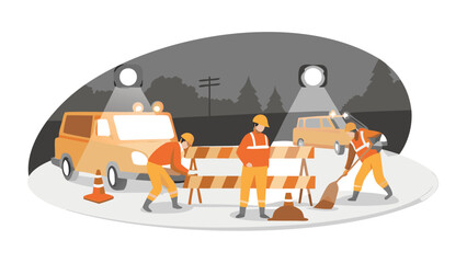 Road construction crew working at night with vehicles and safety barriers under spotlights in a scene