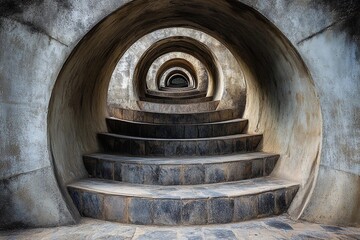 Steps lead into an endless circular tunnel creating a mysterious atmosphere with a sense of depth and intrigue