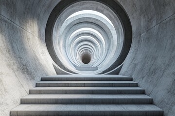 Steps lead into an endless circular tunnel creating a mysterious atmosphere with a sense of depth and intrigue
