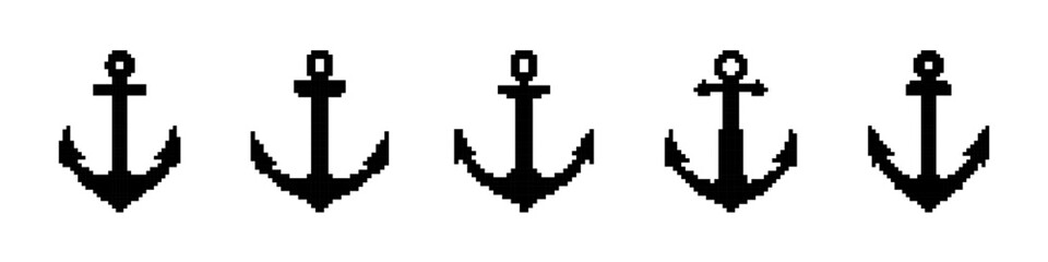 Anchors pixel icons set. Ship or boat anchor symbol collection. Pixel art. © drawing lines