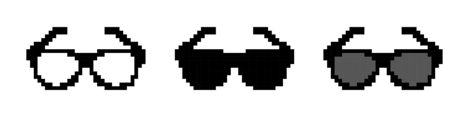 Sunglasses pixel icons set. Glasses symbol collection. Pixel art.