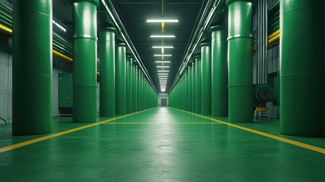 Futuristic factory line with radiant green steel beams, showcasing sustainable hydrogen manufacturing and zero-emission metal production