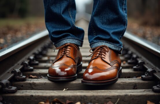 Man standing on railway tracks wearing brown leather shoes and jeans