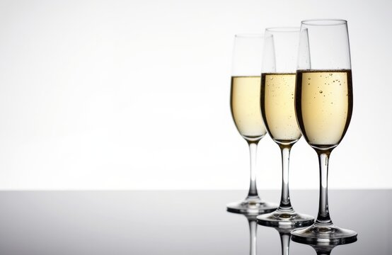 Three champagne glasses filled with sparkling wine are arranged on a reflective surface against a plain white background