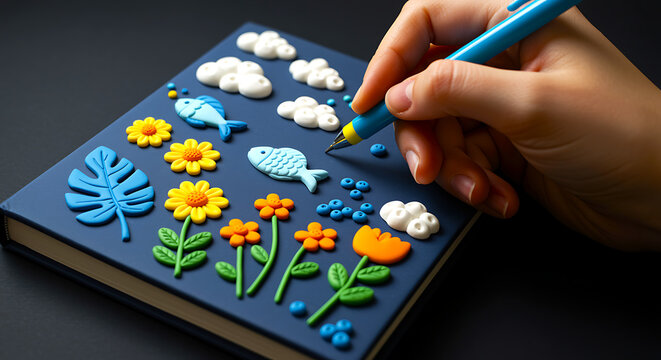 Close up of a hand decorating a dark blue notebook cover with colorful clay flowers leaves clouds and fish