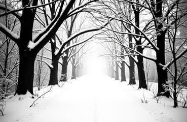 A snow-covered pathway lined with leafless trees in a winter landscape