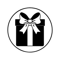 Gift box icon with ribbon in circle-Black and white icon of a wrapped gift box with ribbon and bow inside a circle, symbolizing celebrations, holidays, and special occasions.