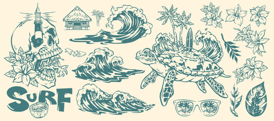 Fototapeta na wymiar Surf culture with ocean and wildlife design