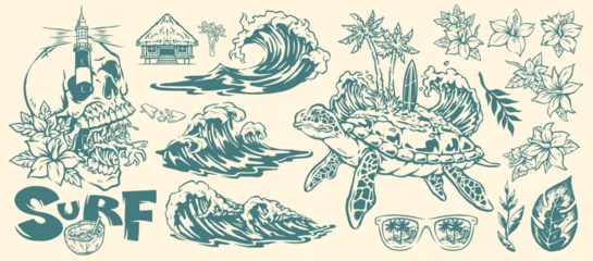 Gordijnen Surf culture with ocean and wildlife design © DGIM studio