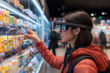 Shopper explores supermarket aisles with augmented reality glasses for product information and details