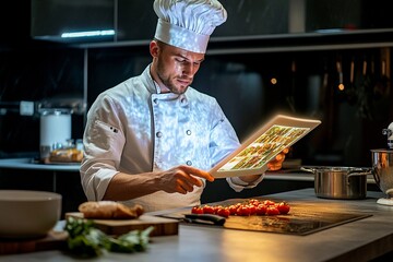 Chef engages with holographic recipe book while preparing meals in a modern kitchen